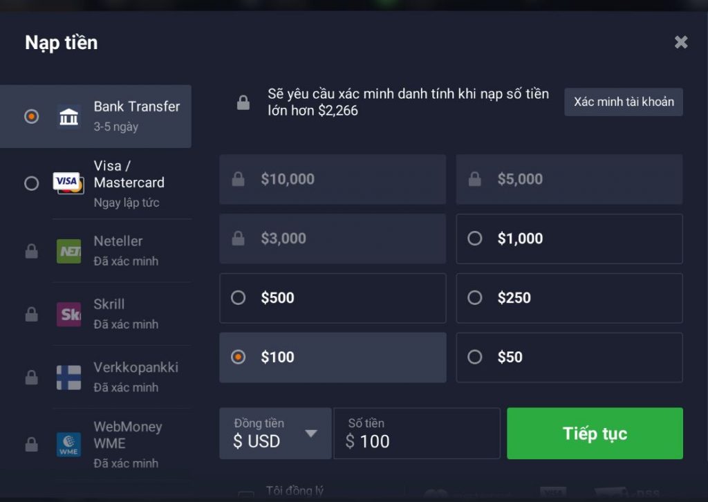 Nộp tiền vào tài khoản chơi Trade BO