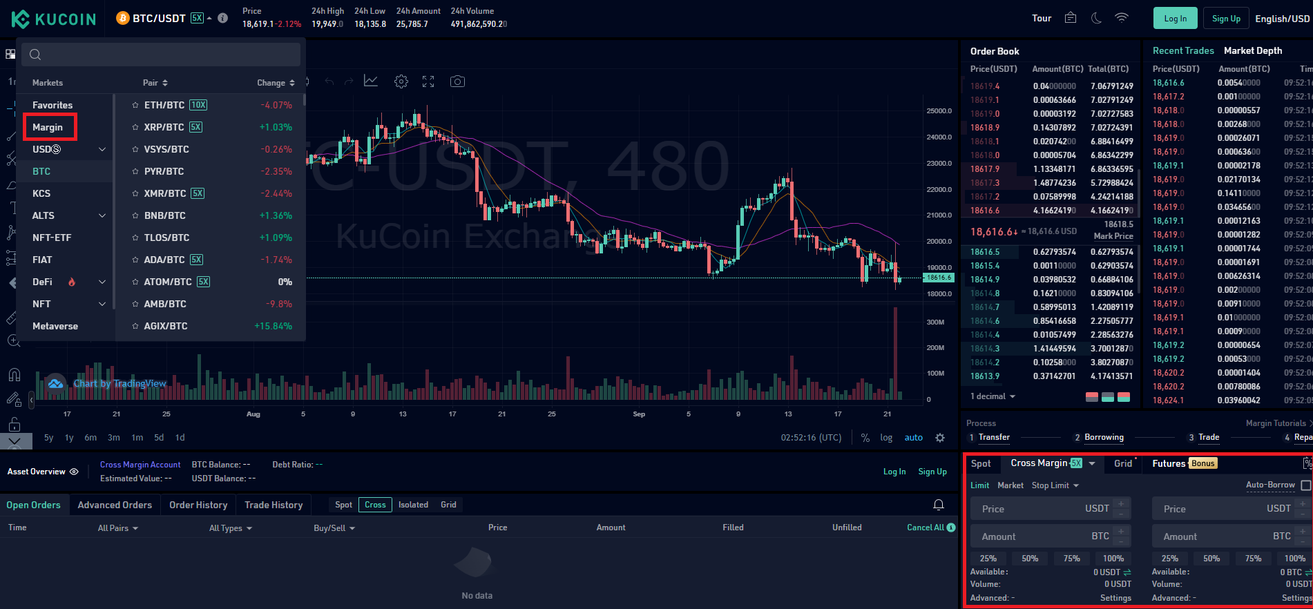 Giao diện với giao dịch margin tại sàn KuCoin