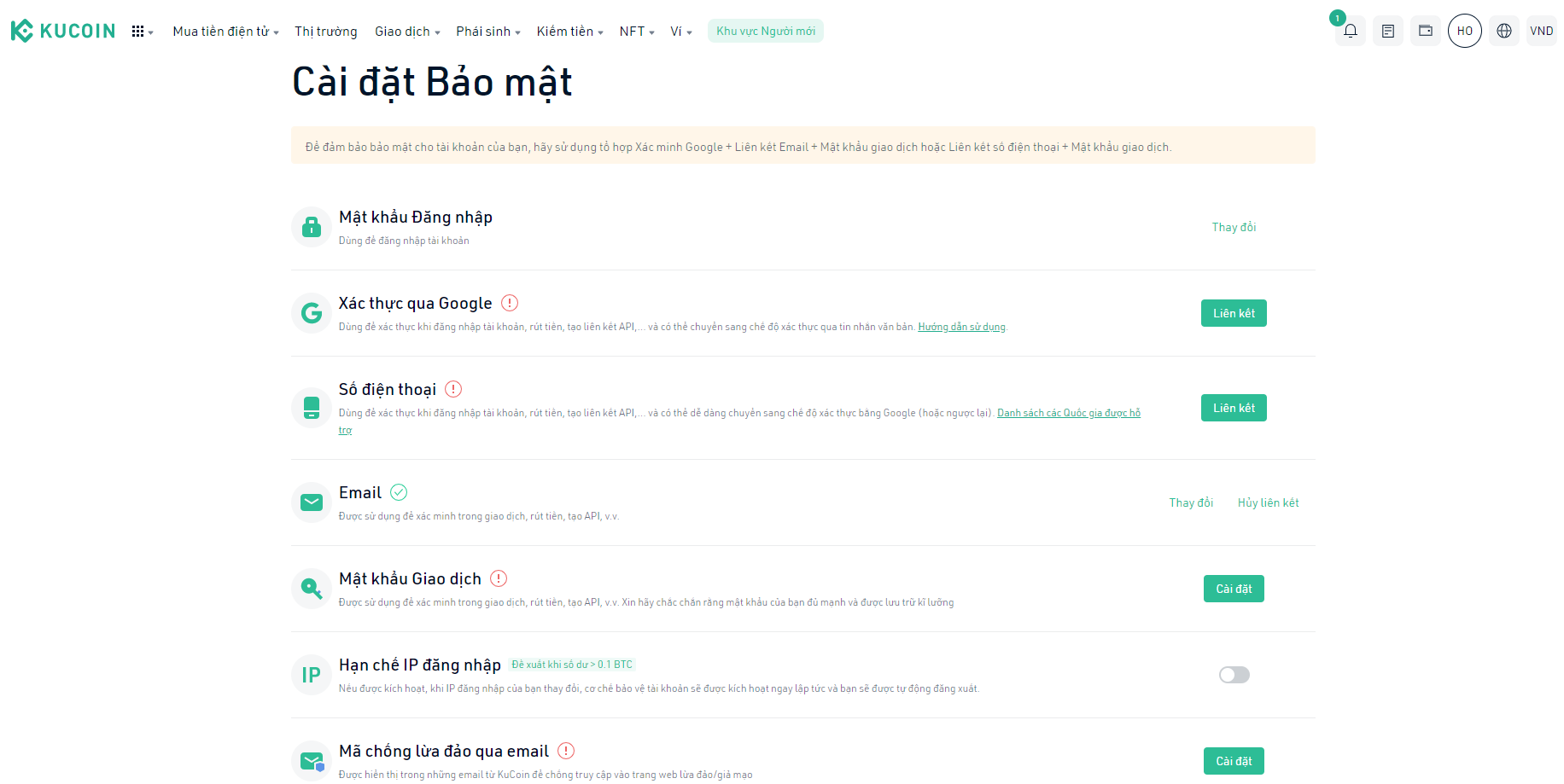 Các hình thức kích hoạt bảo mật cho tài khoản trên sàn KuCoin