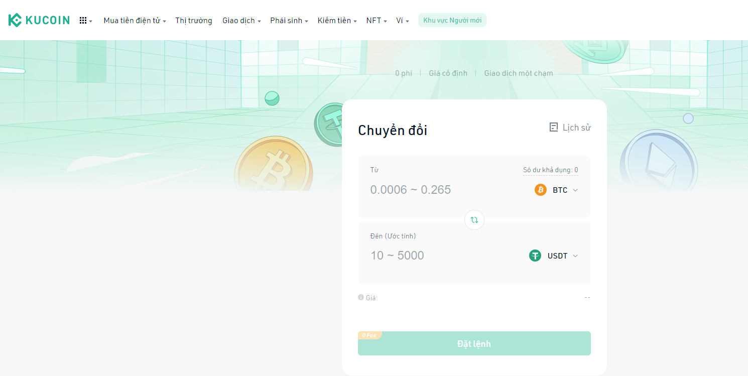 Giao diện tính năng Convert trên sàn KuCoin
