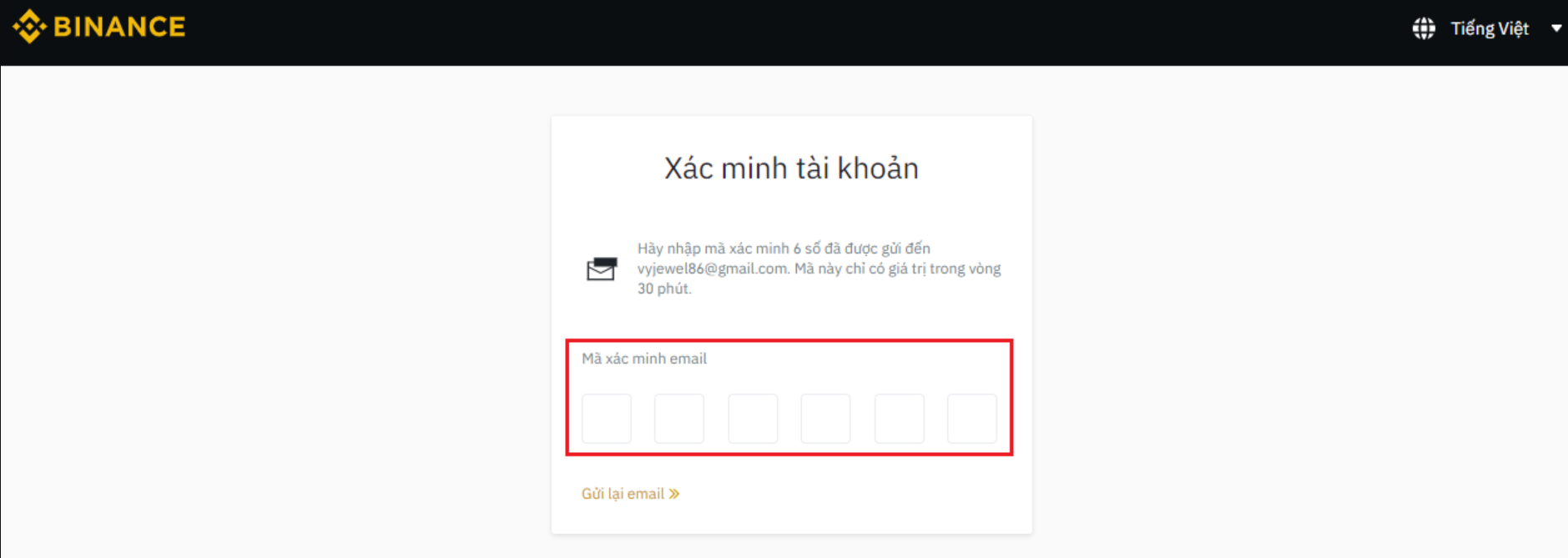 Nhập mã xác minh tài khoản Binance 