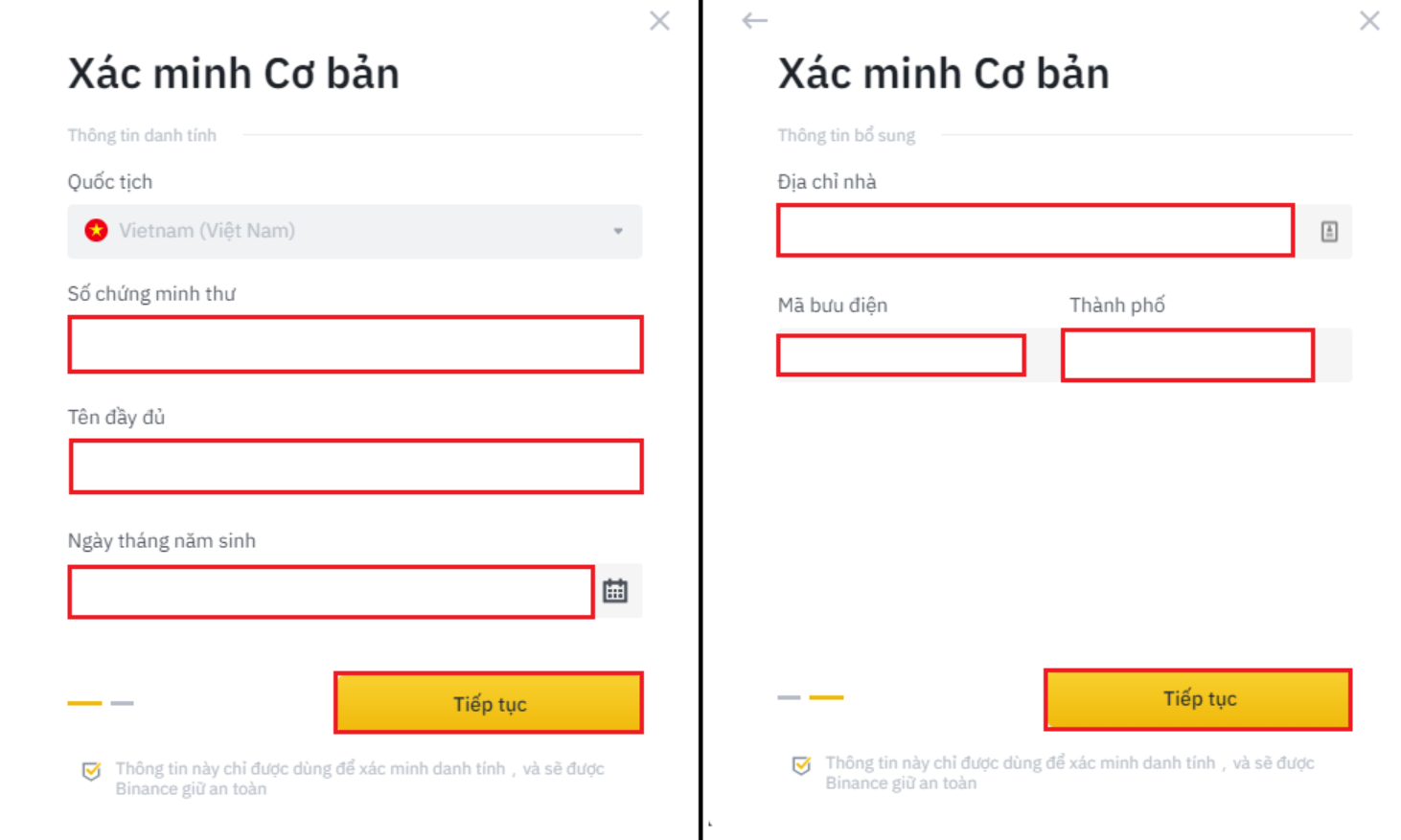 Điền các thông tin cơ bản trên Binance 