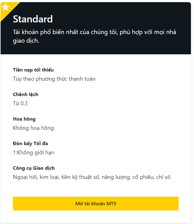 Chi tiết về loại tài khoản Exness Standard