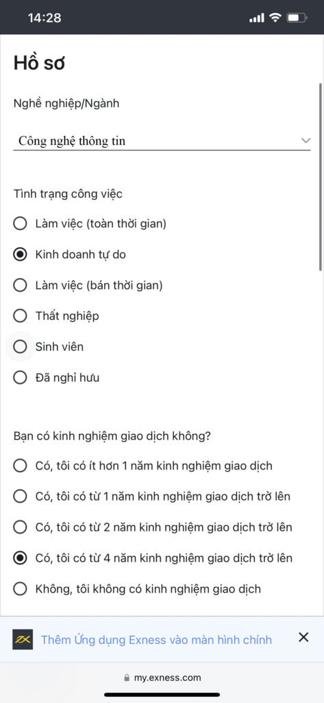 Điền hồ sơ các nhân của trader