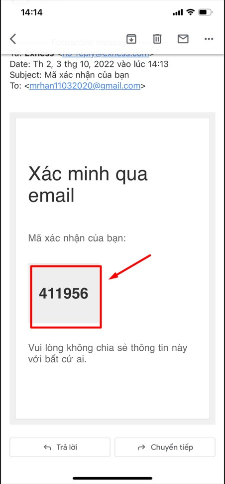 Nhập mã xác nhận qua email