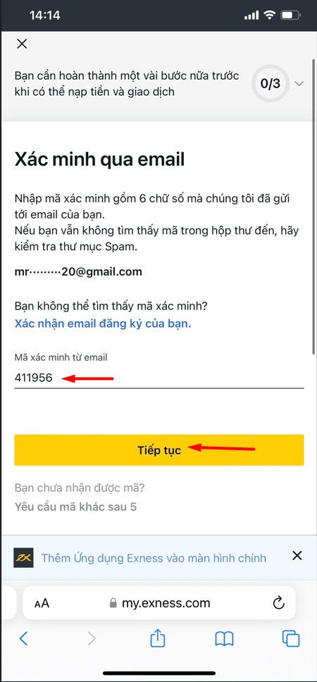 Nhập mã xác minh sau đó chuyển sang phần tiếp theo