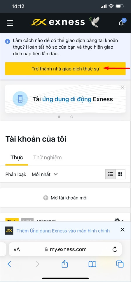 Bước mở tài khoản sàn Exness tiếp theo trên điện thoại