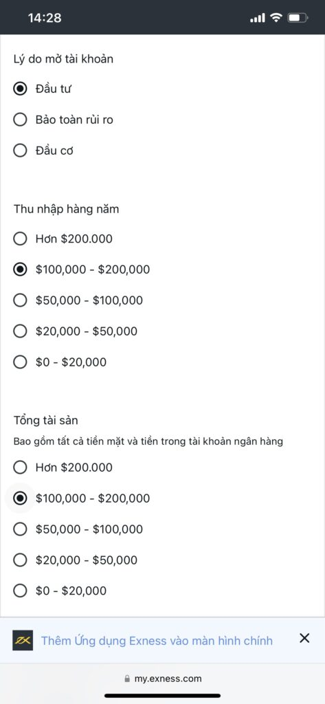 Điền thông tin về thu nhập của trader