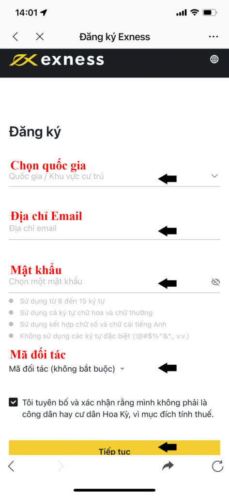 Các bước mở tài khoản sàn Exness trên điện thoại
