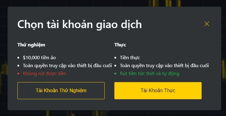 Chọn tài khoản giao dịch để bắt đầu đăng ký Exness 