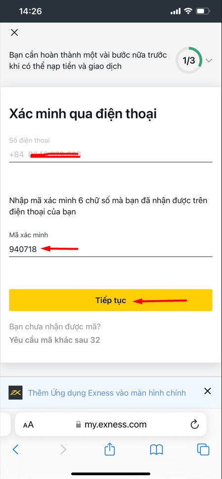 Nhập mã để hoàn tất quy trình xác minh qua điện thoại