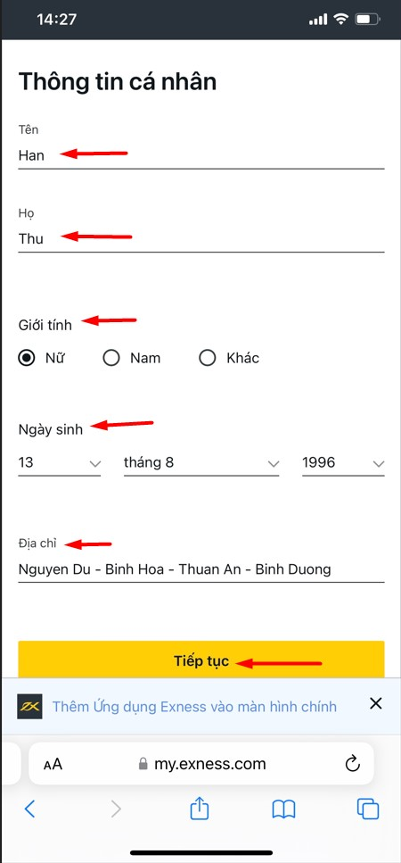 Các bước mở tài khoản sàn Exness tiếp theo là điền thông tin cá nhân của trader