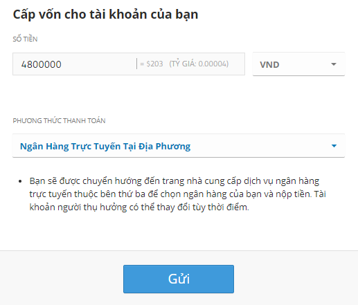 Cách nạp tiền sàn eToro bằng phương thức chuyển khoản ngân hàng