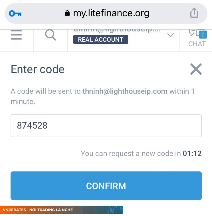 Điền mã code được gửi về email
