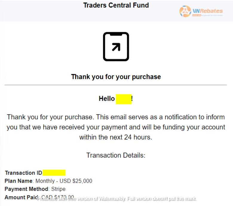 Trader sẽ nhận được email xác nhận về đơn hàng của TCF