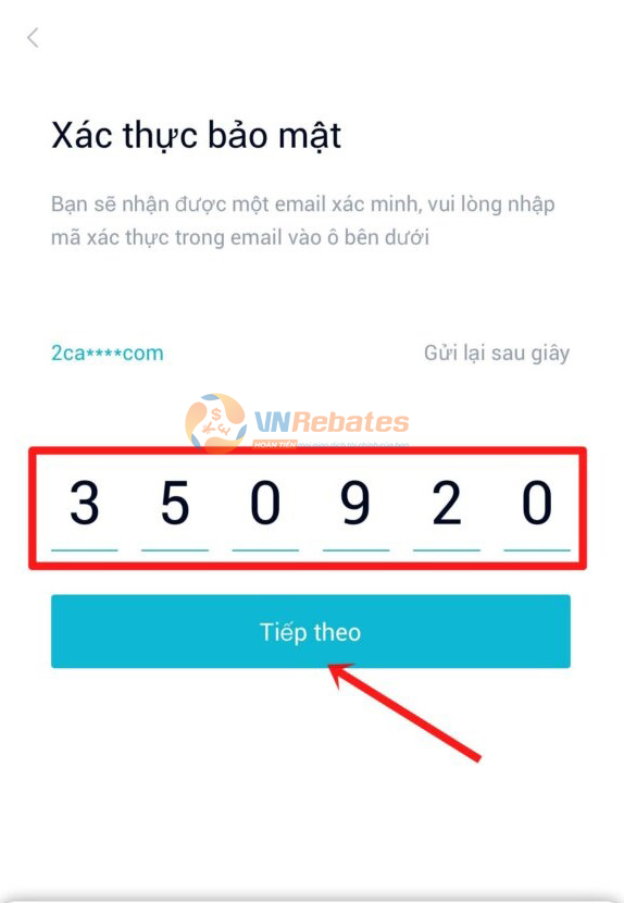 Nhập mã ở email vào 6 ô trống trên app